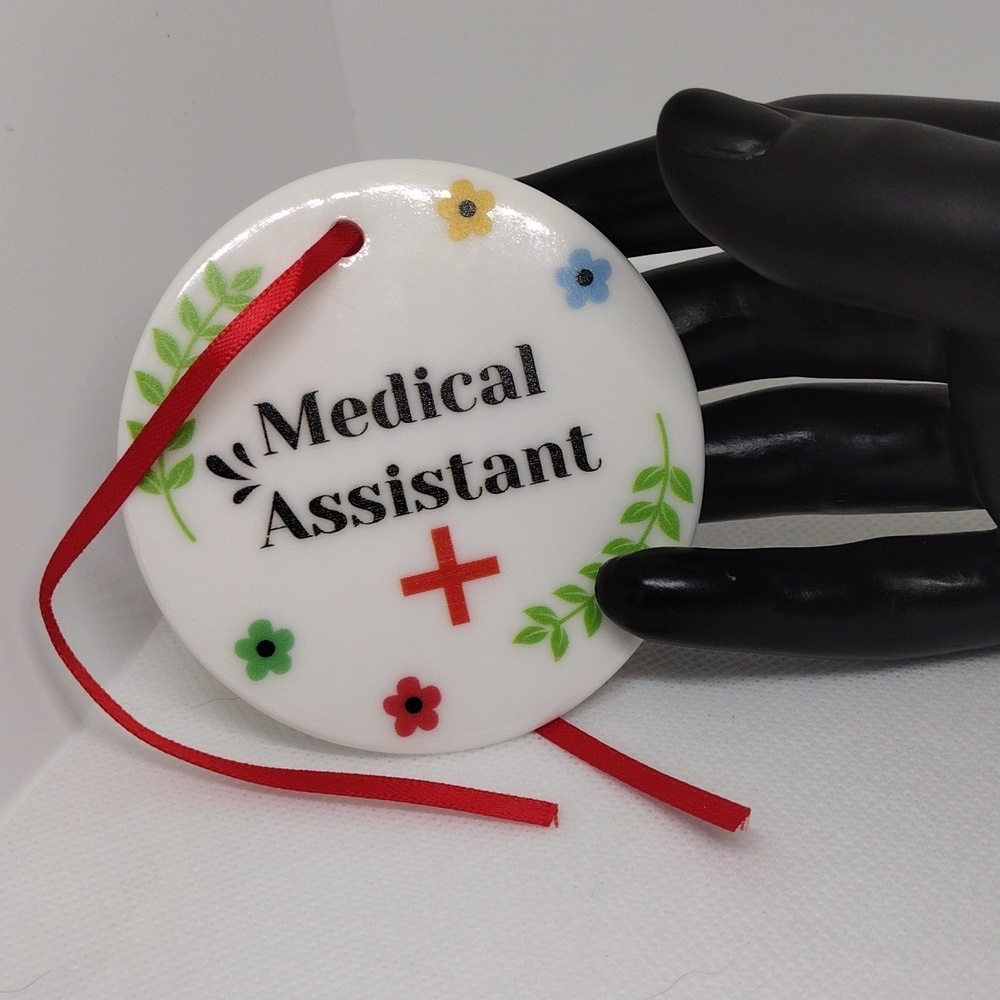 Medical Assistant Ornament – White Ceramic, Floral Design, Red Cross, Gift